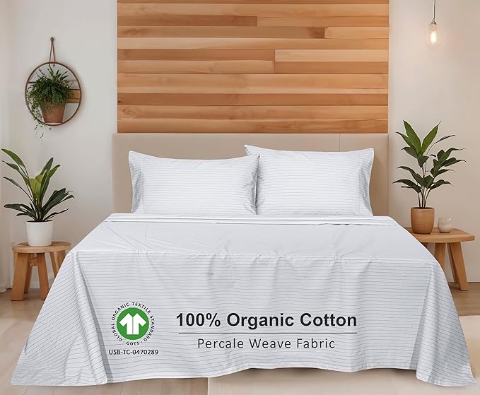 RUVANTI 100% Organic Cotton Sheets Queen Size, Percale Weave, GOTS Certified, 4-Piece Set, Deep Pocket 15", Crisp & Breathable, Soft Durable Bedding, Sábanas Algodón Orgánico – Construction Line