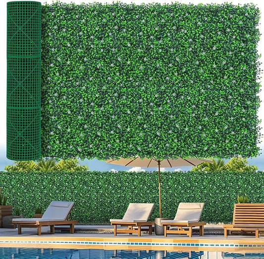 48"x 144"(47 sq.ft) Artificial Boxwood Roll Panels with Flowers, UV-Anti Faux Ivy Leaves Privacy Fence Screen, Grass Wall Roll Panels for Indoor Home Decor and Outdoor Garden Backyard