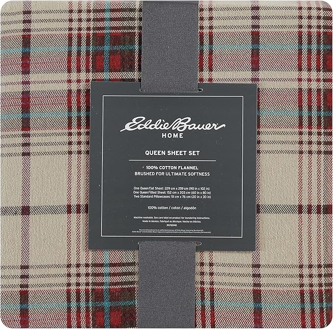 Eddie Bauer - Flannel Sheets Twin Size, Anti-Pilling & Wrinkle Resistant Cotton, Touchably Soft for All-Season Comfort - Bed Sheets with Matching Pillowcases & Fitted Sheet (Montlake Plaid Red)