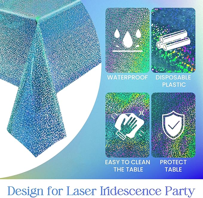4pcs Blue Holographic Laser Tablecloths 40" x 108" Plastic Table Cloths for Parties Shimmer Shiny Party Decoration for Winter Ocean Princess Birthday Party Wedding Baby Shower Christmas Decor