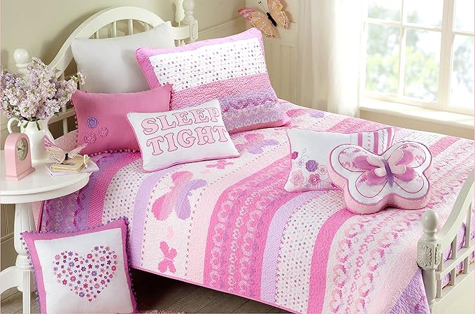 Cozy Line Home Fashions Pink Butterfly Knit 100% Cotton Reversible Quilt Bedding Set, Coverlet, Bedspreads (Twin - 5 Piece: 1 Quilt + 1 Standard Sham + 3 Decorative Pillows)