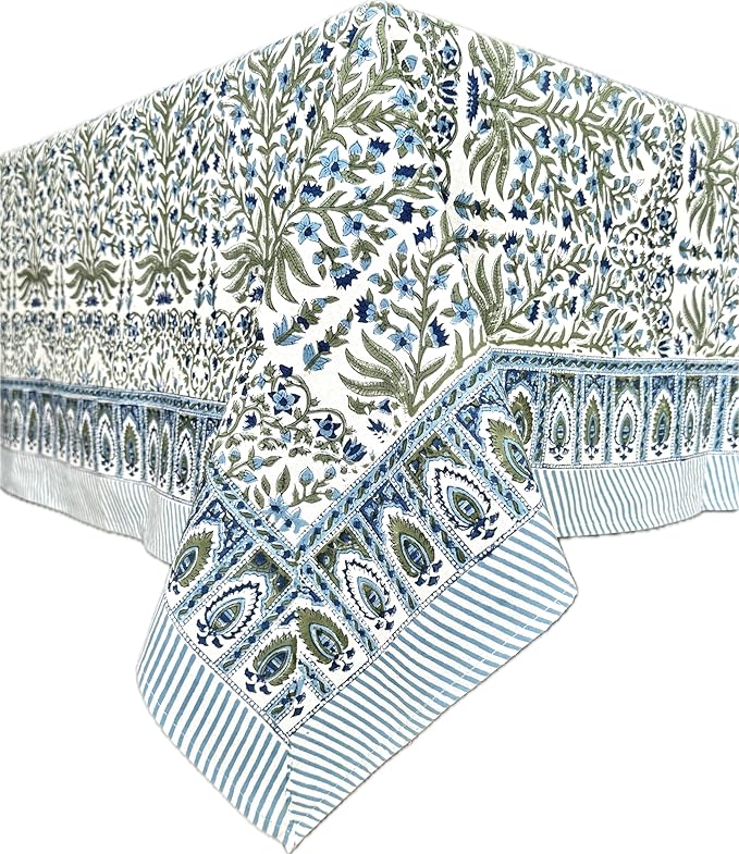 ATOSII Nargis Blue 100% Cotton Rectangle Summer Tablecloth, Indian Block Print Floral Table Cloth I Dining Parties Weddings Outdoors Holidays 60 X 60 Inches 4 Seater I Grandmillennial Farmhouse Boho