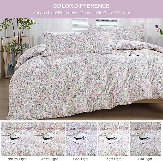 SAPHREAS King Size Pink Iris Floral Duvet Cover Botanical Floral Leaves Pattern Comforter Set Cute Bear Duvet Cover Lightweight Soft Microfiber 3pcs 1 Duvet Cover 2 Pillow Shams