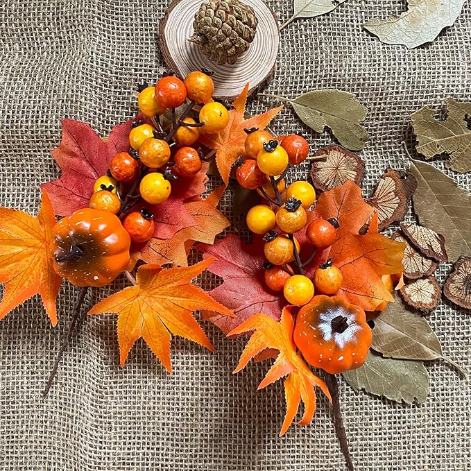 6 Pack Fall Stems Artificial Berry Picks Fall Picks with Pumpkin Maple Leaves Branches Decorations for Harvest Autumn Thanksgiving Day Flower Arrangements Wreaths Indoor Outdoor Home Decor