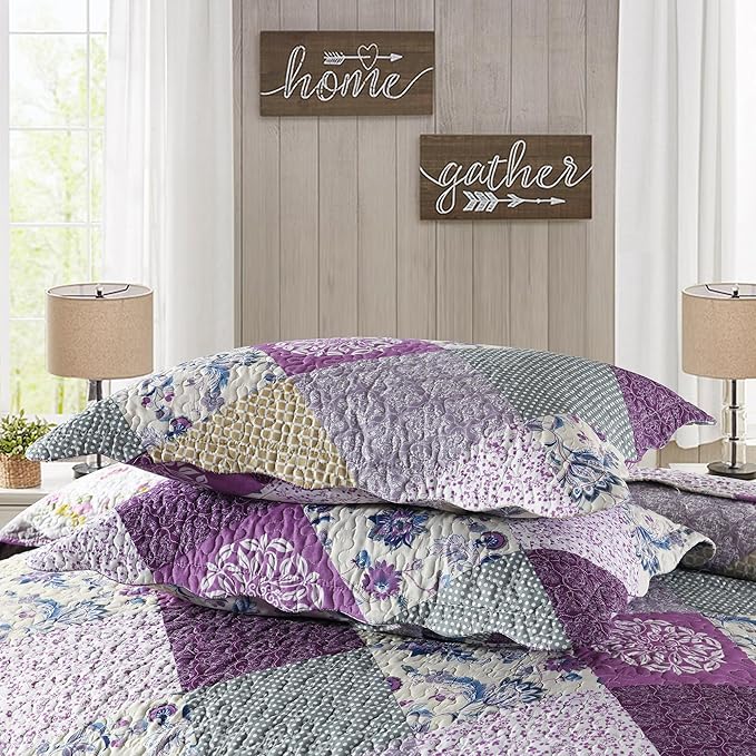 HoneiLife Quilt Set King Size - 3 Piece Microfiber Quilts Reversible Bedspreads Patchwork Coverlets Floral Bedding Set All Season Quilts- Late Spring,King