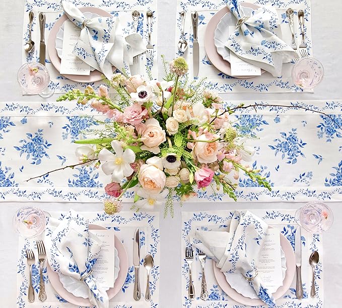 Solino Home Blue Floral Print Table Runner 108 Inches Long - 100% Pure Linen Table Runner 14 x 108 Inch - Handcrafted and Machine Washable - Jolie Fleur Print