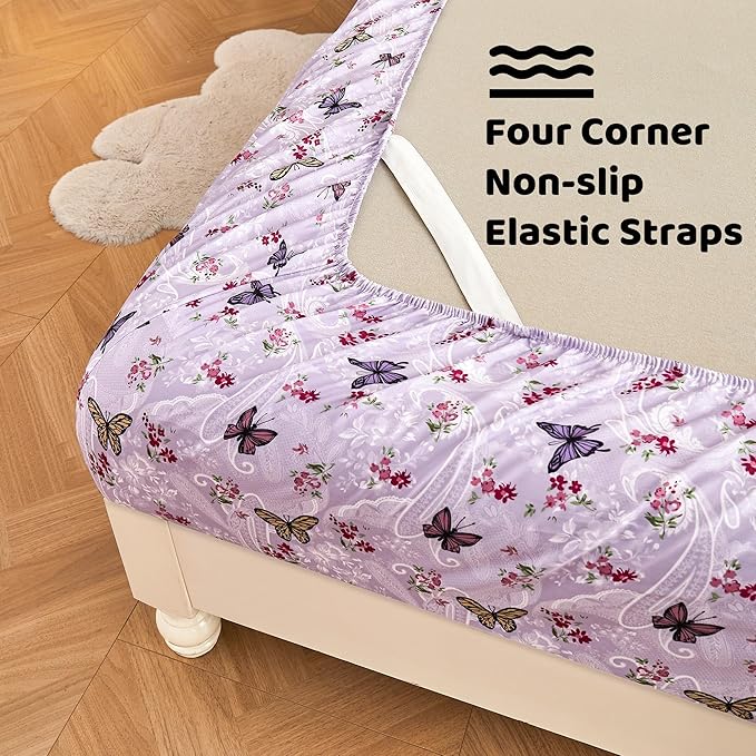 Softan Purple Floral Bed Sheets Full, Paisley Flower Printed Sheet Set, Cozy Microfiber Fitted Sheet with 15" Deep Pocket & Non-Slip Straps, Butterfly Patterned Sheets & Pillowcase Set