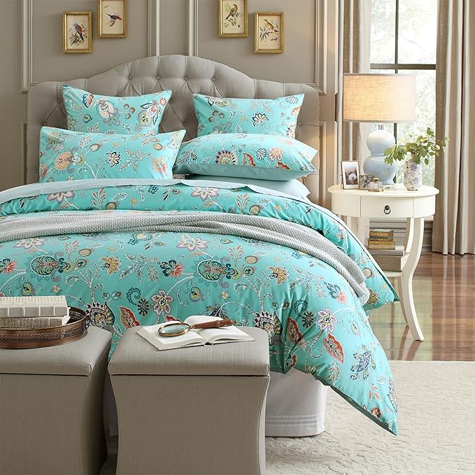 Brandream King Size Duvet Cover Set Teal (1 Duvet Cover + 2 Pillow Shams) Ultra Soft 100% Egyptian Cotton Printed Floral Boho Paisley Bedding Set