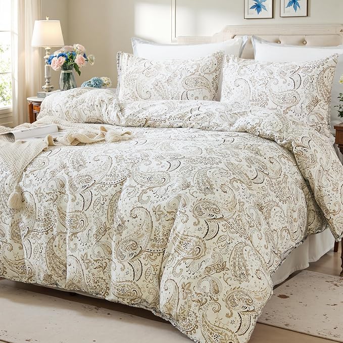 100% Cotton Duvet Cover Queen Size- 3 Pcs Grey Paisley Comforter Cover, Soft & Breathable Floral Bedding Duvet Cover Sets with Zipper Closure for All Season