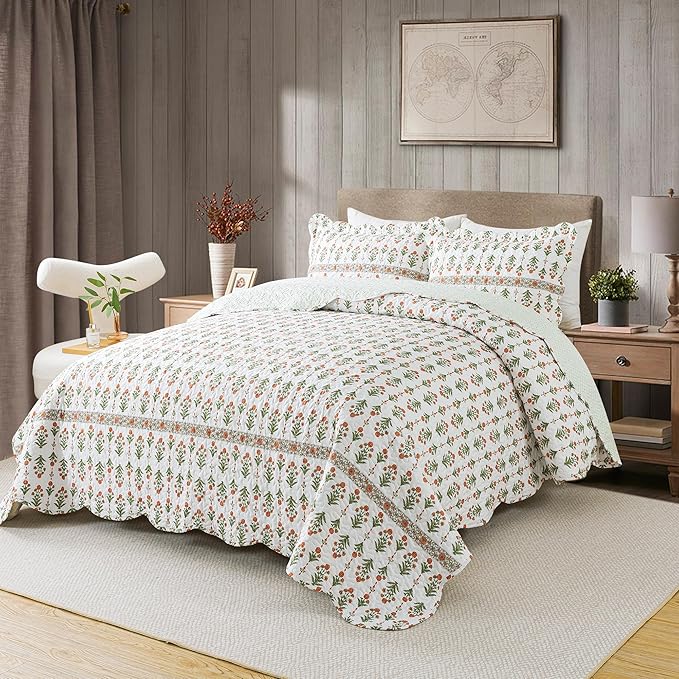 HoneiLife Quilt Sets King Size - Floral Bedspreads for King Bed, 3-Piece Wildflower Coverlets, Botanical Bed Cover King Quilt Bedding Set All Season Quilts-Sweet Grass