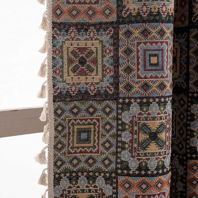 ENJOYBRIDAL Patchwork 96 Inch Curtains for Bedroom Living Room Drapes Jacquard Bohemian Semi Sheer Long Window Curtains 2 Panel Sets Vintage Geometric Black Rod Pocket Boho Window Treatments