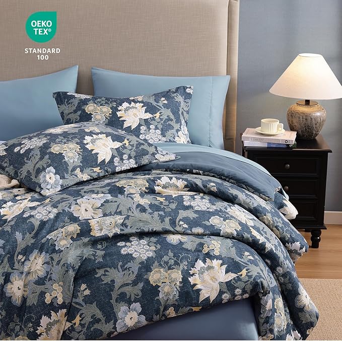 King Comforter Set -7 Pieces Floral Navy Blue Comforter Set for All Seasons, Bed in a Bag King with Botanical Flowers Comforter, Sheets, Pillowcases & Shams