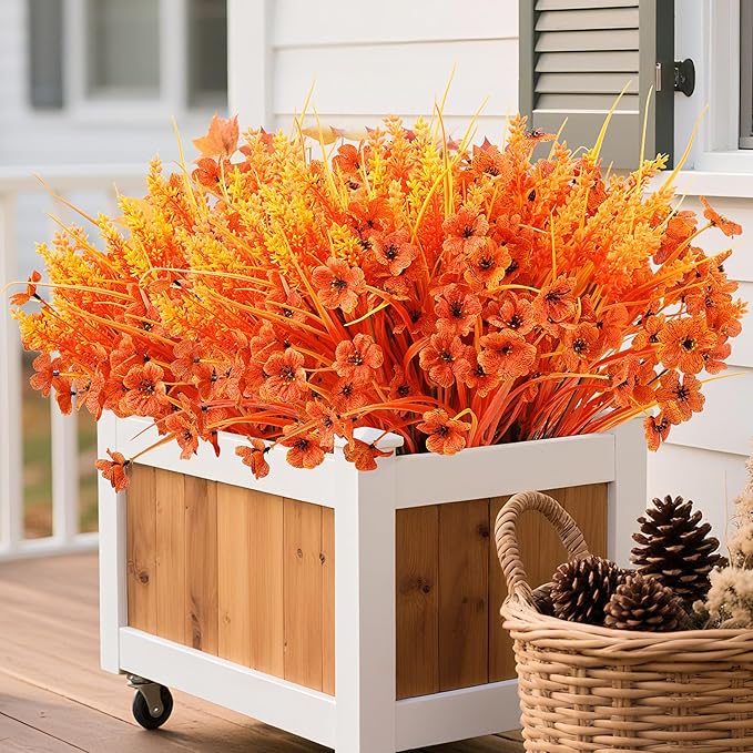 Der Rose 24 Bundles Fall Mums Artificial Flowers for Outdoor Fake Flowers Plants UV Resistant for Home Garden Porch Window Wedding Decor（Orange）
