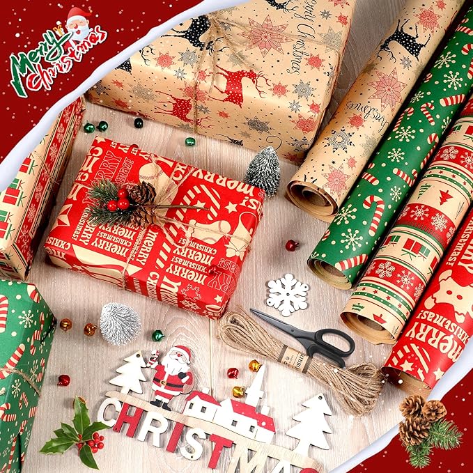Panigkids Christmas Wrapping Paper Set with Jute Twine, Red, Green & Natural Kraft Rolls with Candy Canes, Reindeer & Merry Christmas Print (17 inch x 17 ft) 4 Rolls