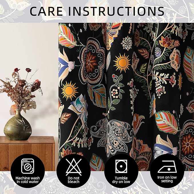 XiDi Dark Black Floral Blackout Curtains 96 Inches Long for Living Dining Room 2 Panels Patterned Curtains Decorative Thermal Insulated Luxury Vintage Flower Botanical Printed Grommet Drapes 52x96