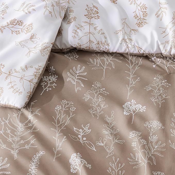 Bedsure Duvet Cover Queen Size - Reversible Light Taupe Queen Duvet Cover Set with Zipper Closure, 3 Pieces Floral Patterned Bedding Set with 8 Corner Ties and 2 Pillow Shams