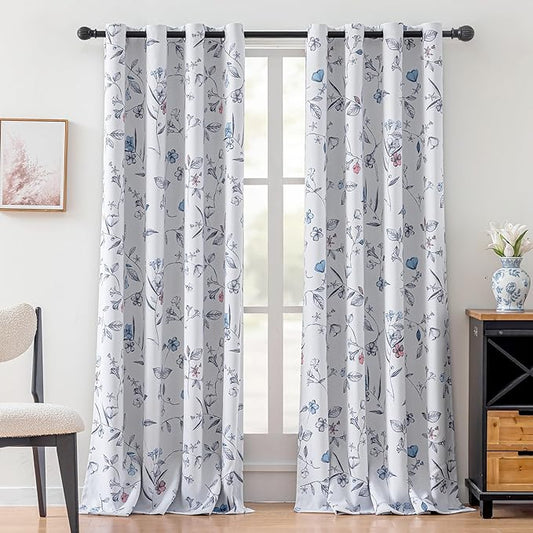 ChrisDowa 100% Blackout Floral Curtains 96 Inches Long 2 Panels for Bedroom Living Room Navy Blue Flower Patterned Room Darkening Thermal Insulated Soundproof Grommet Window Treatments Drapes,52X96