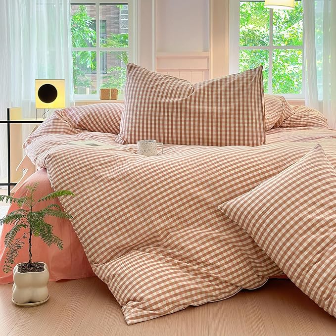 LifeTB Queen Comforter Set Pink Gingham Comforter Modern Style Blush Plaid Comforter Set 3 Pieces Grid Checkered Comforter with 2 Pillowcases Fluffy Soft Boho Gingham Bedding Set Queen Size