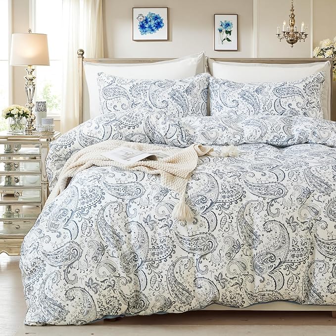 100% Cotton Duvet Cover Sets Queen Size, 3 Pieces Reversible Soft Bedding Sets,Blue Floral Paisley Comforter Cover, Breathable, Lightweight, All Season