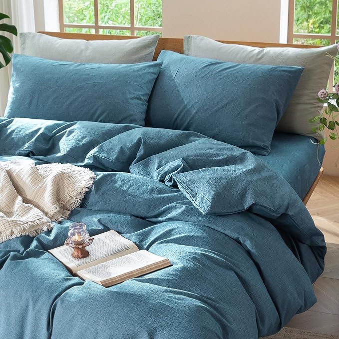 MooMee Bedding Duvet Cover Set 100% Washed Cotton Linen Like Textured Breathable Durable Soft Comfy (Heathered Peacock Blue, Cal King 104"x98")