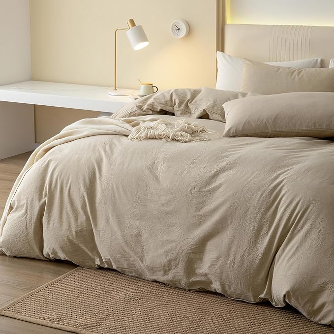 JIYUAN 100% Washed Cotton Duvet Cover Set 3 Pieces Full, 1 Duvet Cover 80x90 Inches(Comforter Not Included) and 2 Pillowcases,Linen Feel Bedding Set Comfy and Breathable, Heathered Tan