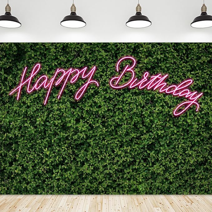 Riyidecor Neon Happy Birthday Backdrop Polyester Fabric Green Grass Leaf Rustic Spring Leaves Plant 8Wx6H Feet Pink Nature for Woman Photography Background Birthday Photo Studio Shoot
