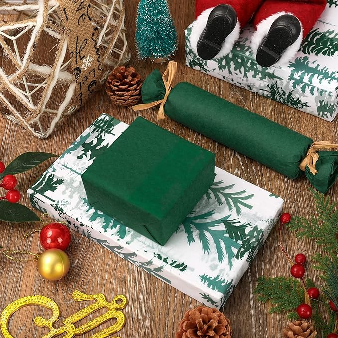 Whaline 100 Sheets Christmas Tree Tissue Paper Dark Green Folded Flat Woodland Tree Wrapping Paper Green Gift Wrapping Tissue Papers Rustic Art Crafts for Home DIY Gift Box Xmas Winter Decoration
