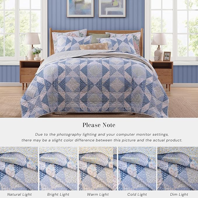 Quilt Set Queen Size, Patchwork Blue Marigold Floral Quilt Sets, Reversible Bedspread Lightweight and Breathable for All Seasons, Soft Quilted Bedspread with 2 Pillow Shams