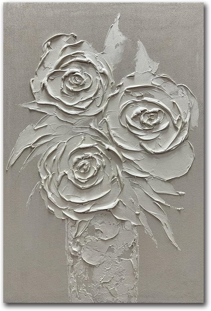 moshinart 24 x 36in Hand-Painted Oil Painting 3D Texture Black White Grey Modern Minimalist Black Abstract Wall Art, Home Office Wall Decoration White Rose