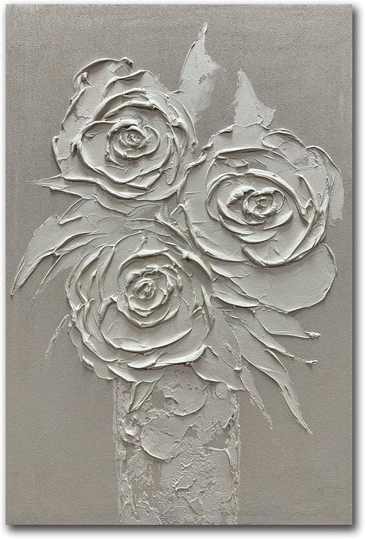 moshinart 24 x 36in Hand-Painted Oil Painting 3D Texture Black White Grey Modern Minimalist Black Abstract Wall Art, Home Office Wall Decoration White Rose