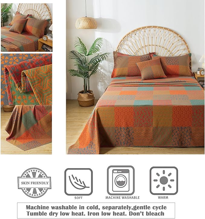 FADFAY Grid Sheets Set Queen Vintage Checkered Floral Bedding Shabby Geometry Farmhouse Bedding Super Soft Washed Double -Layer Muslin Sheets 100% Cotton Deep Pocket Fitted Sheet 4Pcs, Queen Size