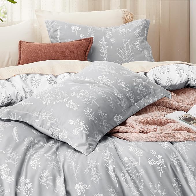 Bedsure Duvet Cover Full Size - Reversible Grey Full Duvet Cover Set with Zipper Closure, 3 Pieces Cute Floral Botanical Pattern Bedding Set with 8 Corner Ties and 2 Pillow Shams