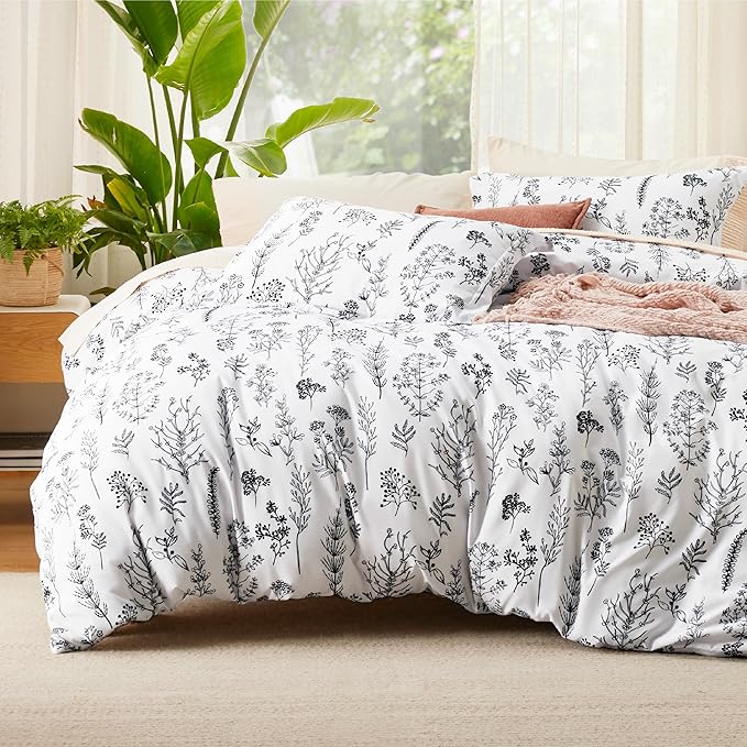 Bedsure Twin/Twin XL Duvet Cover - Reversible White Duvet Cover Set with Zipper Closure, 2 Pieces Cute Floral Patterned Bedding Set with 8 Corner Ties and 1 Pillow Sham