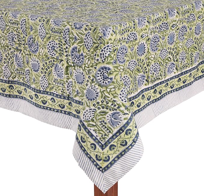 ATOSII Amara 100% Cotton Fall Tablecloth, Handblock Floral Print Rectangle Linen for Kitchen Dining I Parties Wedding Christmas Outdoors Easter I Spring Summer 72 X 140 Inches I 12 Seater