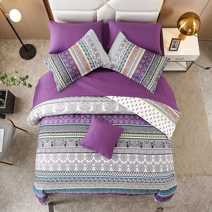 Cottolester Boho Comforter Set Full Size 8 Piece Bed in a Bag Bohemian Striped Bedding Quilt Set Purple Paisley Floral Comforter and Sheet Set,Soft Microfiber Complete Bedding Sets for All Season