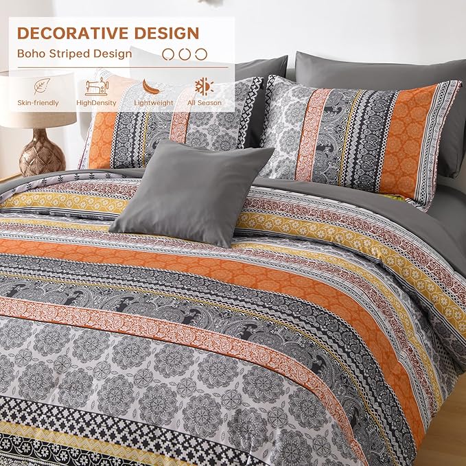 Cottolester Boho Comforter Set King Size,8 Pieces Orange Bohemian Striped Bed in a Bag,Paisley Soft Microfiber Bedding Comforter Set