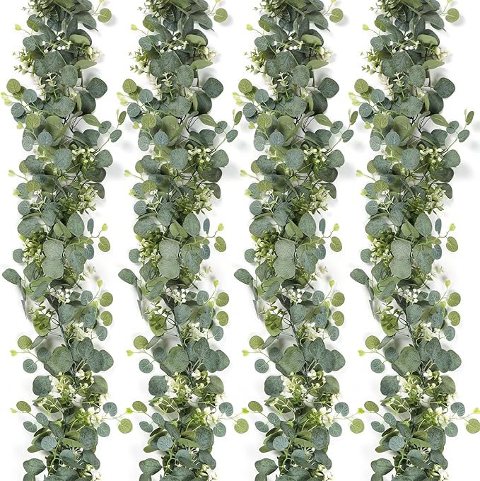SOMYTING Artificial Eucalyptus Garland with White Flowers 4 Packs 5.9Ft Silver Dollar Eucalyptus Vine Faux Leaves Vine Greenery Garland for Table Wedding Arch Mantle Room Decor (4PCS)