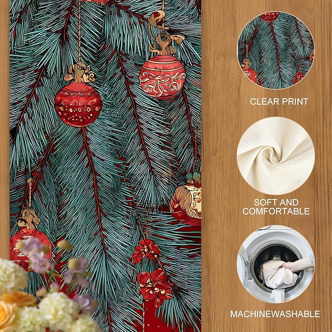 Christmas Table Runner 13 x 72 Inch, Vintage Santa Claus with Pine Branches and Gift Boxes, Red Festive Holiday Dining Table Decoration, Xmas Party Table Centerpiece