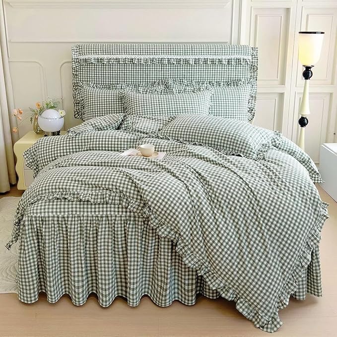 LifeTB Twin XL Comforter Set Green Gingham Comforter for Men Boys Ruffle Plaid Comforter Set Checkered Grid Bed Comforter with 2 Pillowcases Fluffy Soft Vintage Plaid Gingham Bedding Set Twin XL