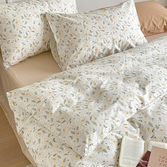 AOJIM Aesthetic Floral Printed Duvet Cover Set for Room Decor, Pure Cotton Comforter Cover Set 3pcs for Kids Adults, 1 Soft Cozy Quilt Cover Queen Size and 2 Matching Pillowcases, No Quilt or Pillow