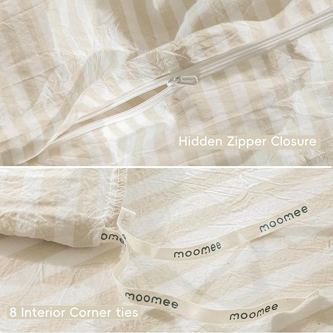 MooMee Striped Duvet Cover Set 100% Washed Cotton Linen Like Textured Breathable Durable Soft Comfy (Almond Milk Grey Classic Stripes, Super King Plus 120"x120")