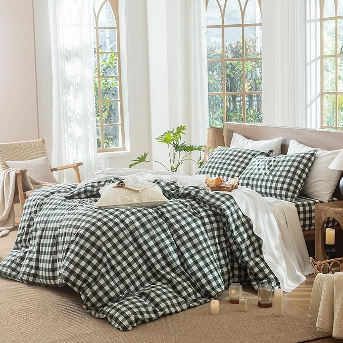 MooMee Gingham Duvet Cover Set 100% Washed Cotton Linen Like Textured Breathable Durable Soft Comfy Modern Checkered Design (Buffalo Plaid Forest Green, Full 80"x90")