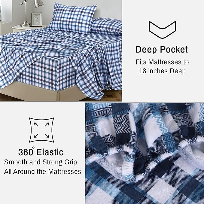 RUVANTI Flannel Sheets Twin XL Size - 100% Cotton Double Brushed Twin XL Sheet Sets, Deep Pockets 16 Inches, All Seasons Breathable & Extra Soft Bed Sheets, Warm & Cozy, 3 Piece, Gingham Addition