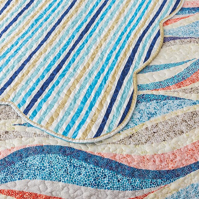 HoneiLife Qversized Queen Quilt - 106"x106" Coastal Quilt Sets, Beach Quilt 3-Piece, Nautical Bedspreads Ocean Coverlets, Lightweight Bed Cover, Summer Quilts