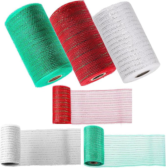 Swpeet 3 Rolls 6 Inches Mesh Ribbon Glitter Metallic Wrapping Ribbon Kit, Glitter Tulle Fabric Spool Ribbon Metallic Foil Mesh Ribbon for DIY Project Wreaths Party Decorations Wrapping Craft