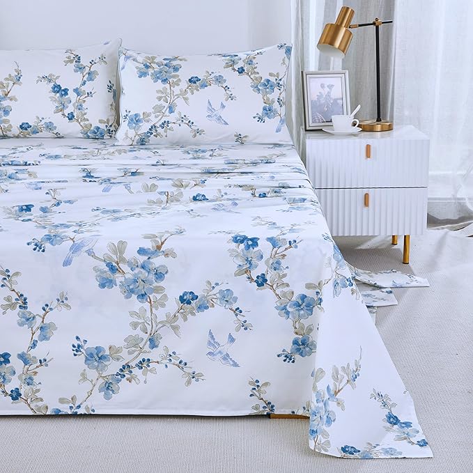Brandream King Size Sheet Set Luxury Floral Blossom Birds Bedding Collections 800 Thread Count 100% Egyptian Cotton Deep Pocket, 4 Piece White Botanical Branches Blue Flower