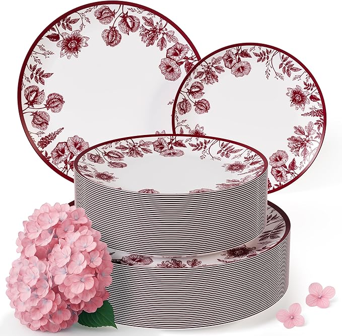Trendables Plastic Plates For Party Supplies, Floral Disposable Plates For Party & Weddings 200 Pcs - 100 x 8 Dessert Plates & 100 x 10 Plastic Dinner Plates, Plate Set Disposable Dinnerware Sets