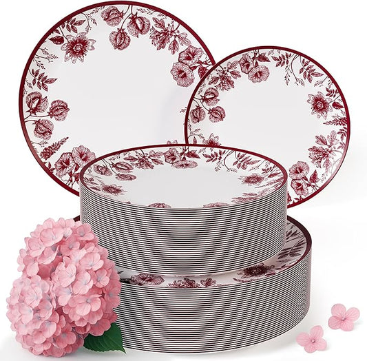 Trendables Plastic Plates For Party Supplies, Floral Disposable Plates For Party & Weddings 200 Pcs - 100 x 8 Dessert Plates & 100 x 10 Plastic Dinner Plates, Plate Set Disposable Dinnerware Sets