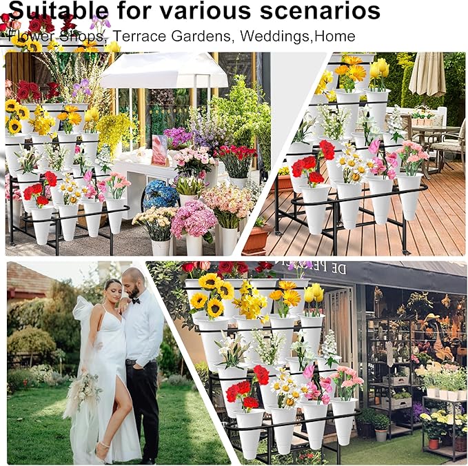 Flower Display Stand with 16PCS Buckets, 4 Layers Flower Cart Display Stand with Wheels Heavy Duty Metal Flower Bar Stand for Florist Shop, Patio Garden and Living Room - Black