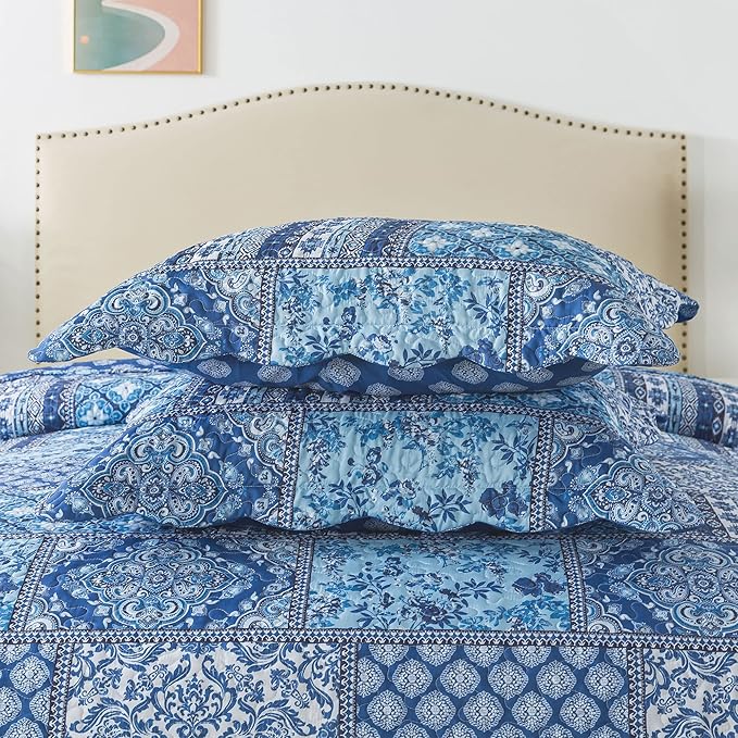 HoneiLife King Quilt Bedding Set - 3 Pieces Rustic Quilt Sets Microfiber Bedspreads Floral Coverlets Retro Bed Cover All Season Quilts-Blue